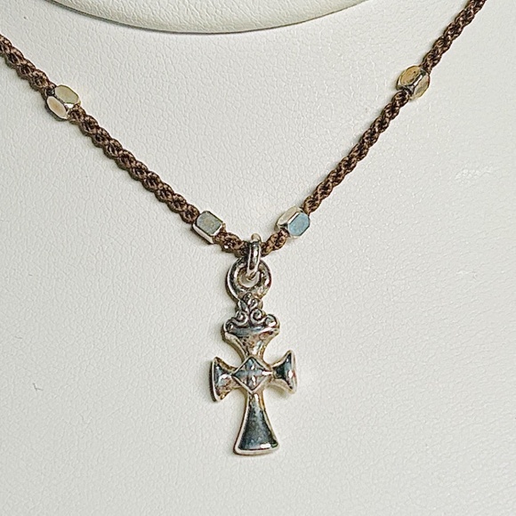 Brighton Jewelry - Brighton Silver Plated Dainty UNITY CROSS Brown Corded Necklace